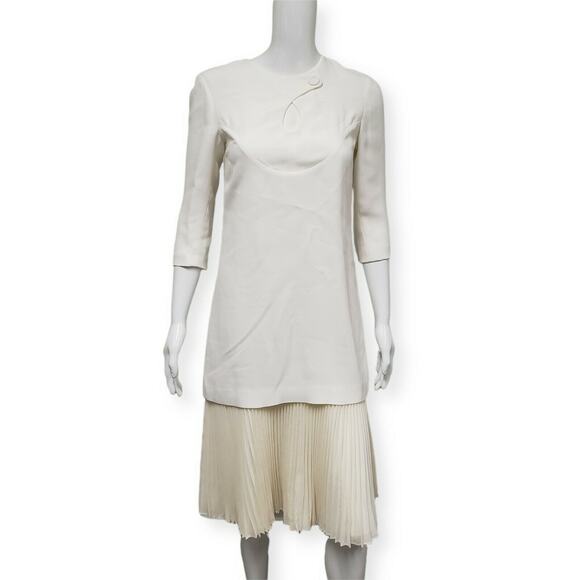 DEREK LAM $3665 Ivory Silk Pleated Midi Shift Knee Length Dress Size US 2 EU 38